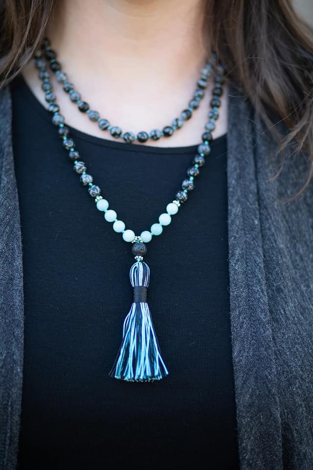 Snowflake Obsidian & Aquamarine Beaded Necklace